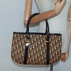 Christian Dior Trotter Canvas Hand Bag Brown Gold Auth 138806